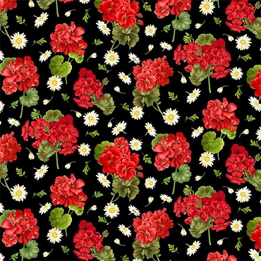 Timeless Treasures - SCARLET BEAUTY - GERANIUM & DAISIES - CD31845 - BLACK