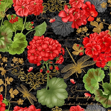 Timeless Treasures - GERANIUM DRAGONFLY COLLAGE - CD3180 - Black 