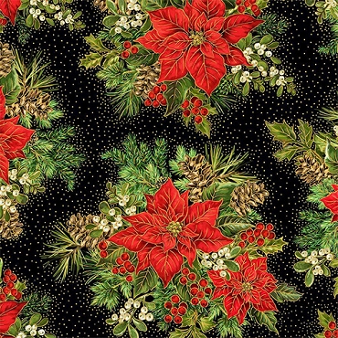 Joyful - Timeless Treasures - CM3711 - Poinsettia Bouquet Metallic - Black