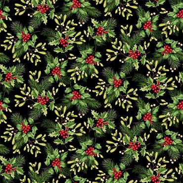 Holiday Feather & Flourish - Studio E Fabrics - 9268 - 99 - Black Multi Holly and Mistletoe