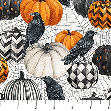 Spellbound - Northcott - 28137 - 10 - Pumpkins-Crows - White Multi